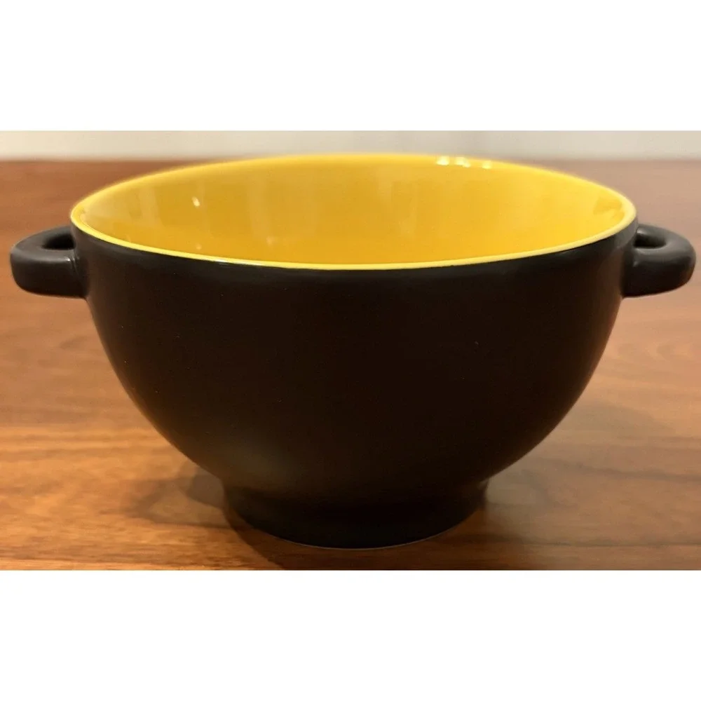 World Market Ramen Noodle Bowl Black Matte Ceramic Yellow Interior with Handles